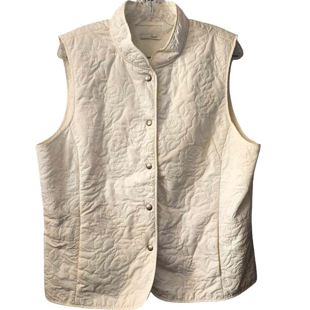 Lizgolf White Quilted Floral Snap Down Light Weight Front Pockets Vest Size XL